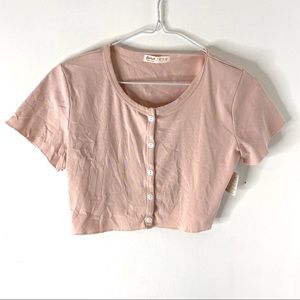 ROMWE Pink Button Front Crop Top Scoop Neck Short Sleeve Cropped Tee NWT